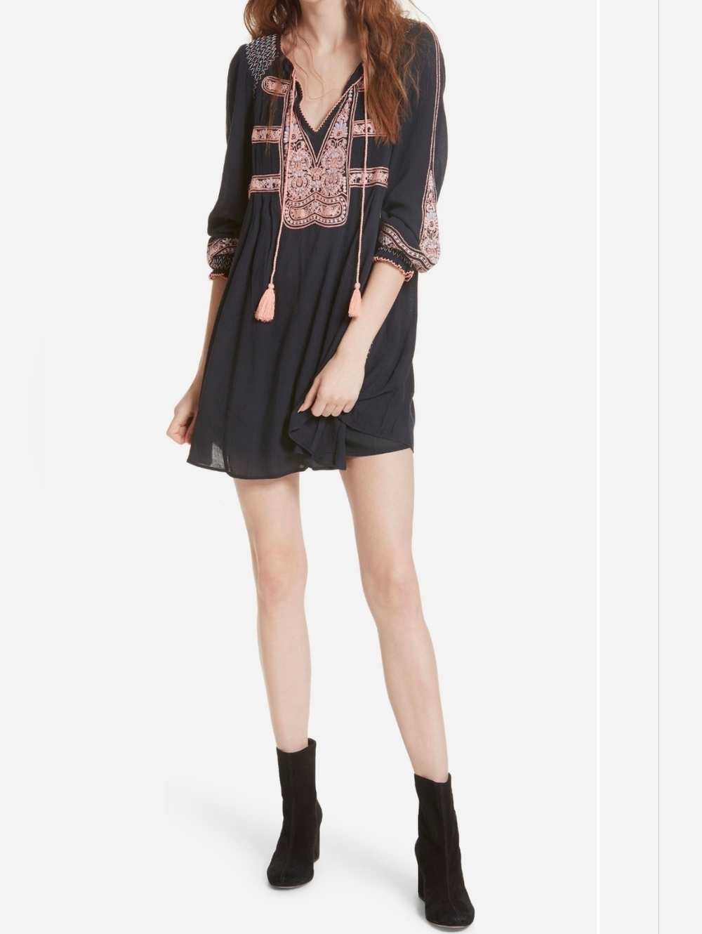 Free People Wind Willow Mini Dress black Tassel  Embroidered Tunic Dress Size S